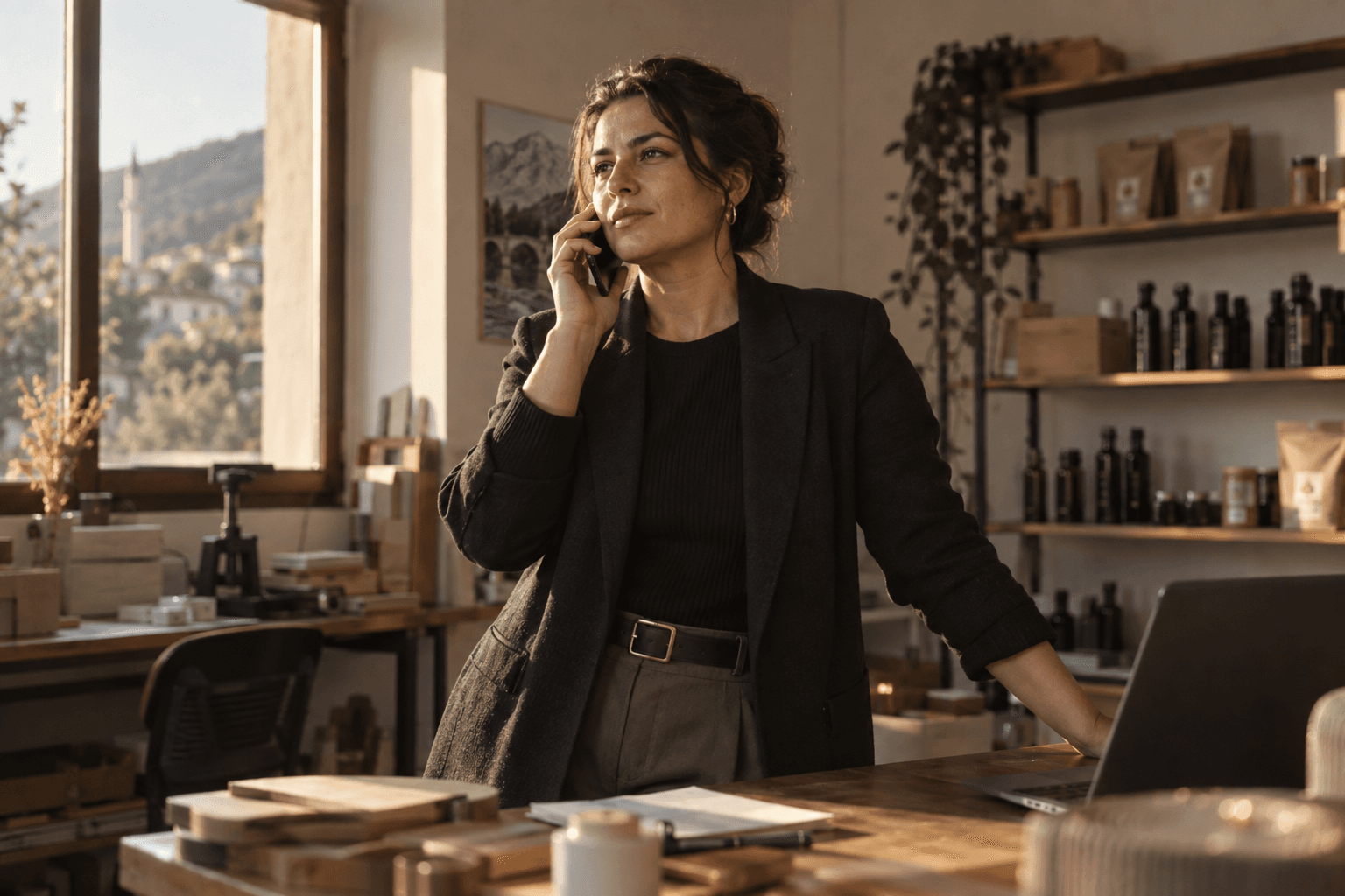 A Kosovar business owner making a call from their workshop office
