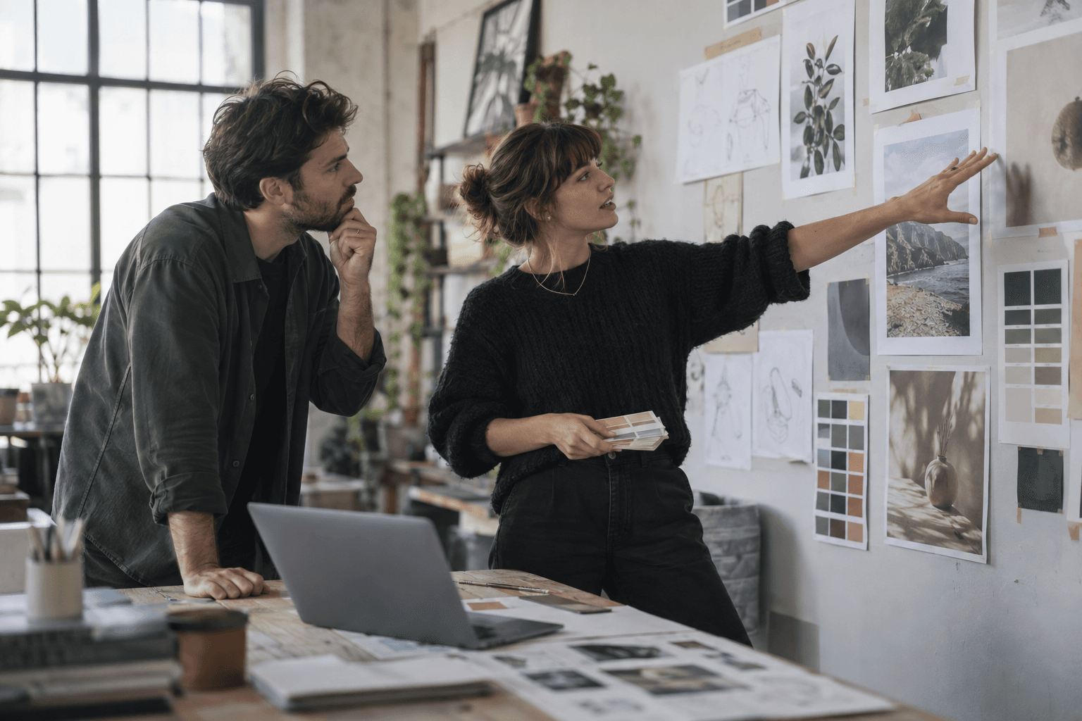 Two designers reviewing colour swatches and moodboard pages on a studio wall