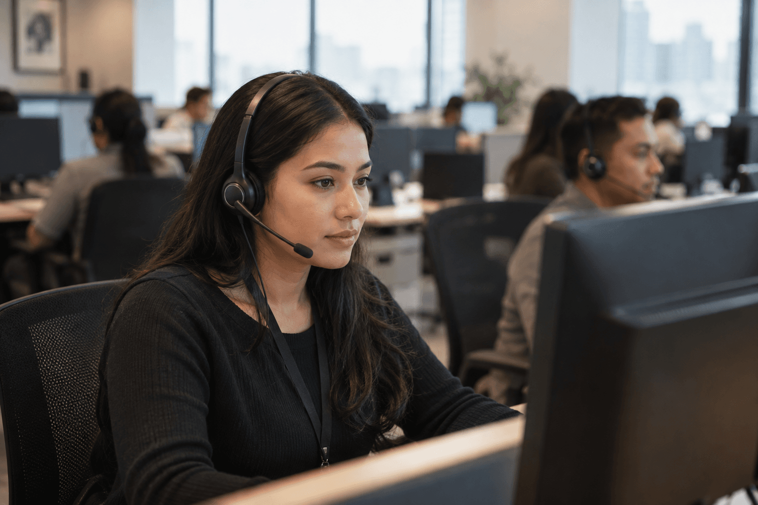 A call centre agent at a headset workstation, a BPO floor behind her