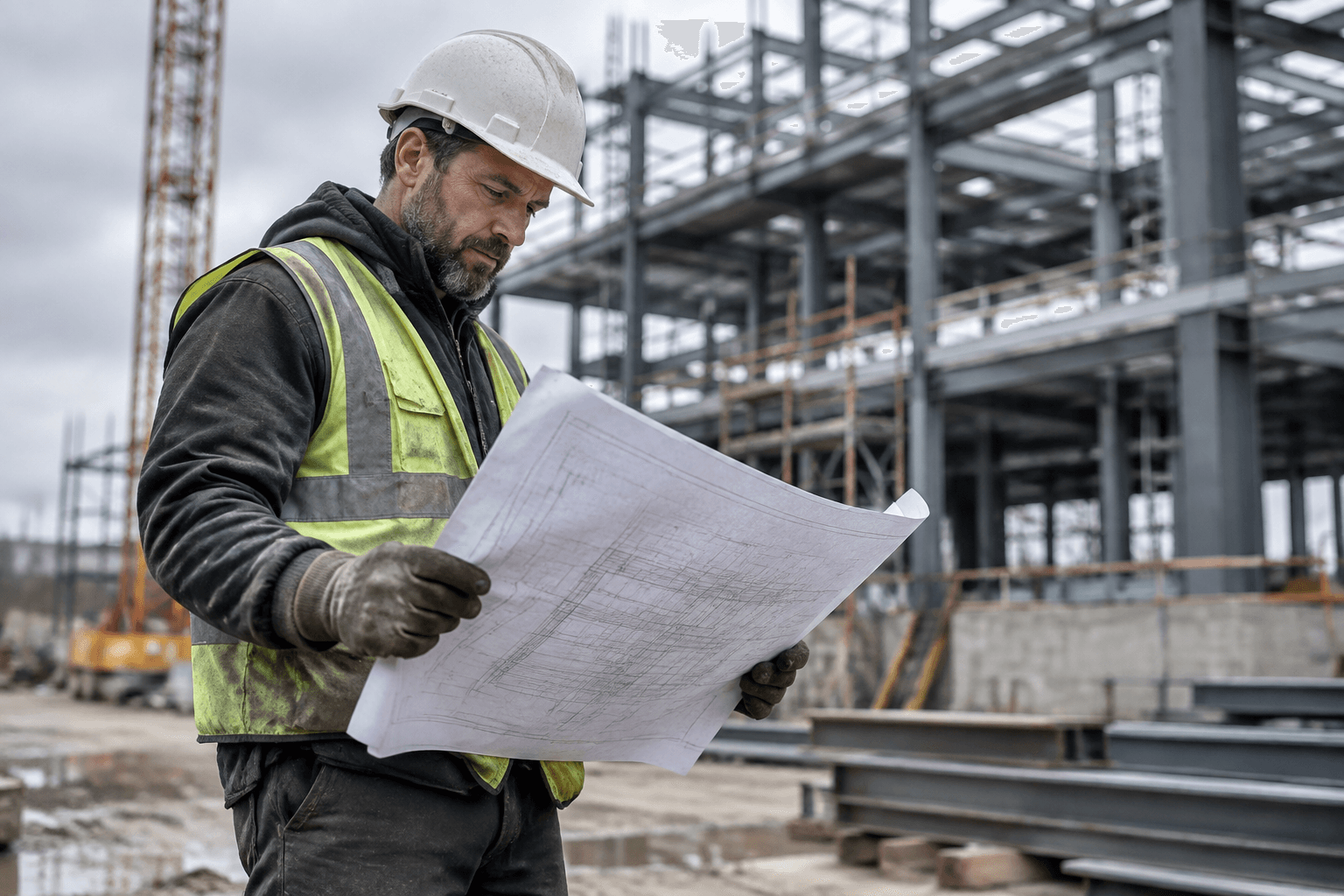 A construction subcontractor checking blueprints on site in a hard hat