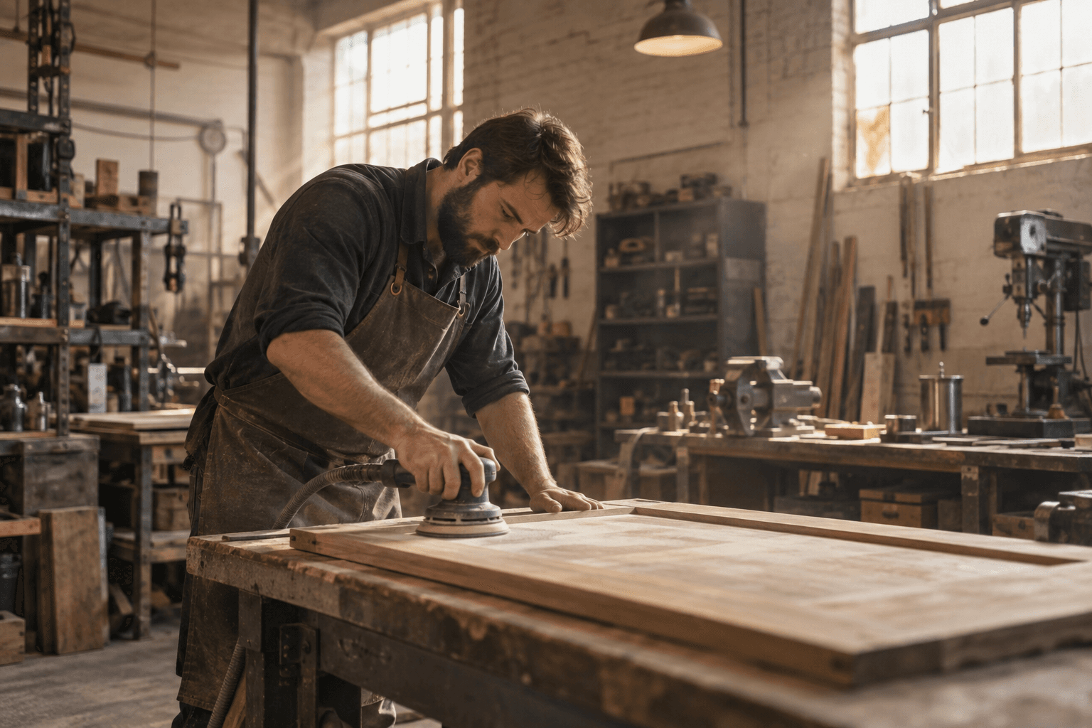 A furniture maker sanding a wooden panel in a workshop